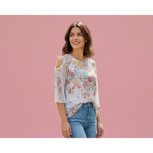 Brittany Black Cold Shoulder Floral Lace 3/4 Sleeve Top M